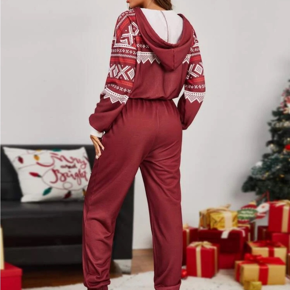 Women's Burgundy Jumpsuit with Nordic Pattern - Picture 2 of 4